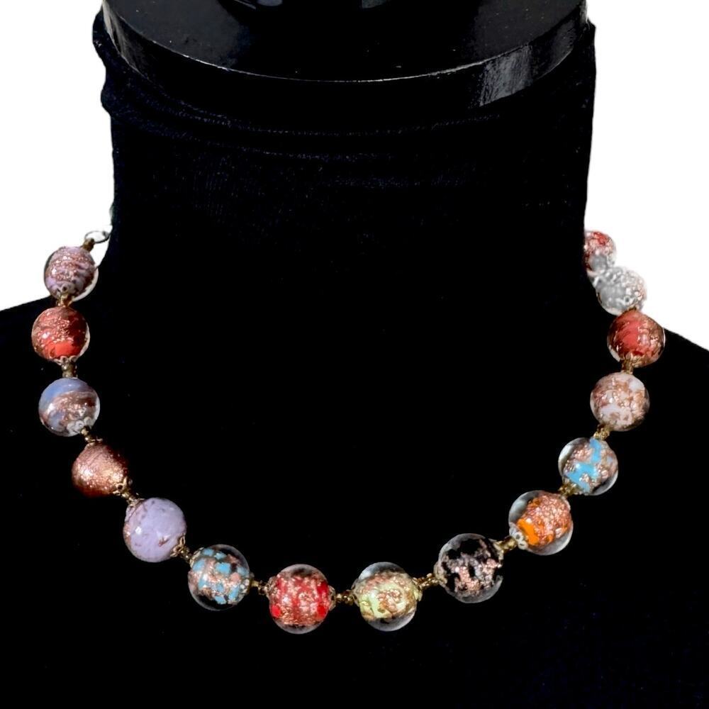 Vintage Murano Wedding Cake Bead Necklace 1930s Gold Fleck Choker 16.25”